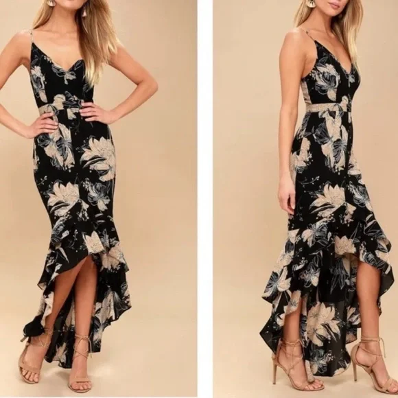 Lulus Darling Daylily Black Floral Print High-Low Maxi Dress Small - Picture 1 of 7